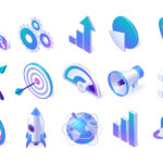 Isometric seo and marketing icons. Browser window, gears, arrow and pie charts, map pin, magnifier and target with loudspeaker. Magnet, clock, startup rocket, Earth globe and mail box 3d vector set